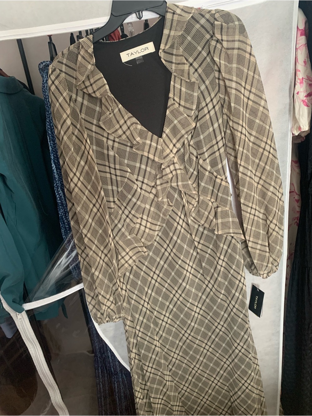 Taylor Olive and Beige Plaid Long Sleeve Tie-Waist Dress